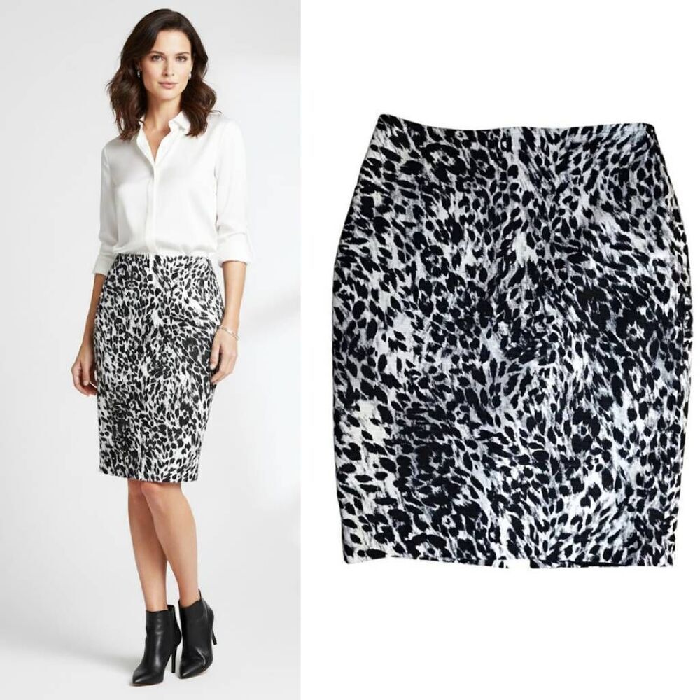 ST. JOHN Knit 2010 B&W Animal Print Silk Stretch Pencil Skirt SZ 10 Luxury FA10